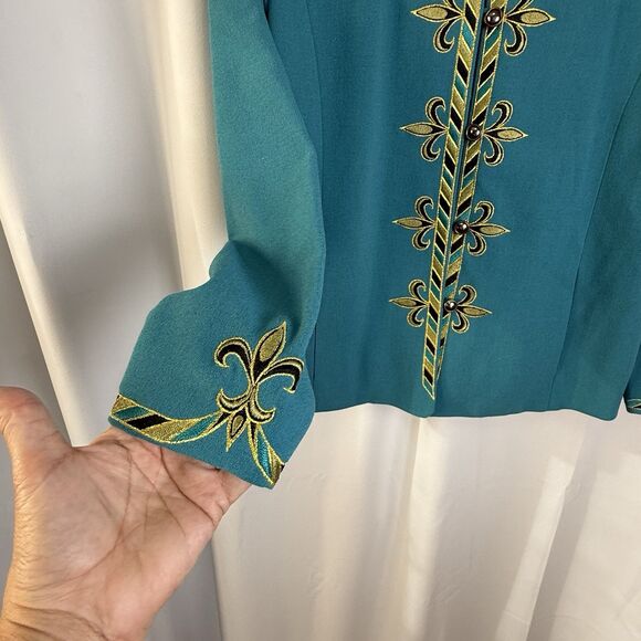 Vintage Bob Mackie Wearable Art Embroidered Fleur De Lis Teal Jacket Blazer XS - Picture 3 of 6